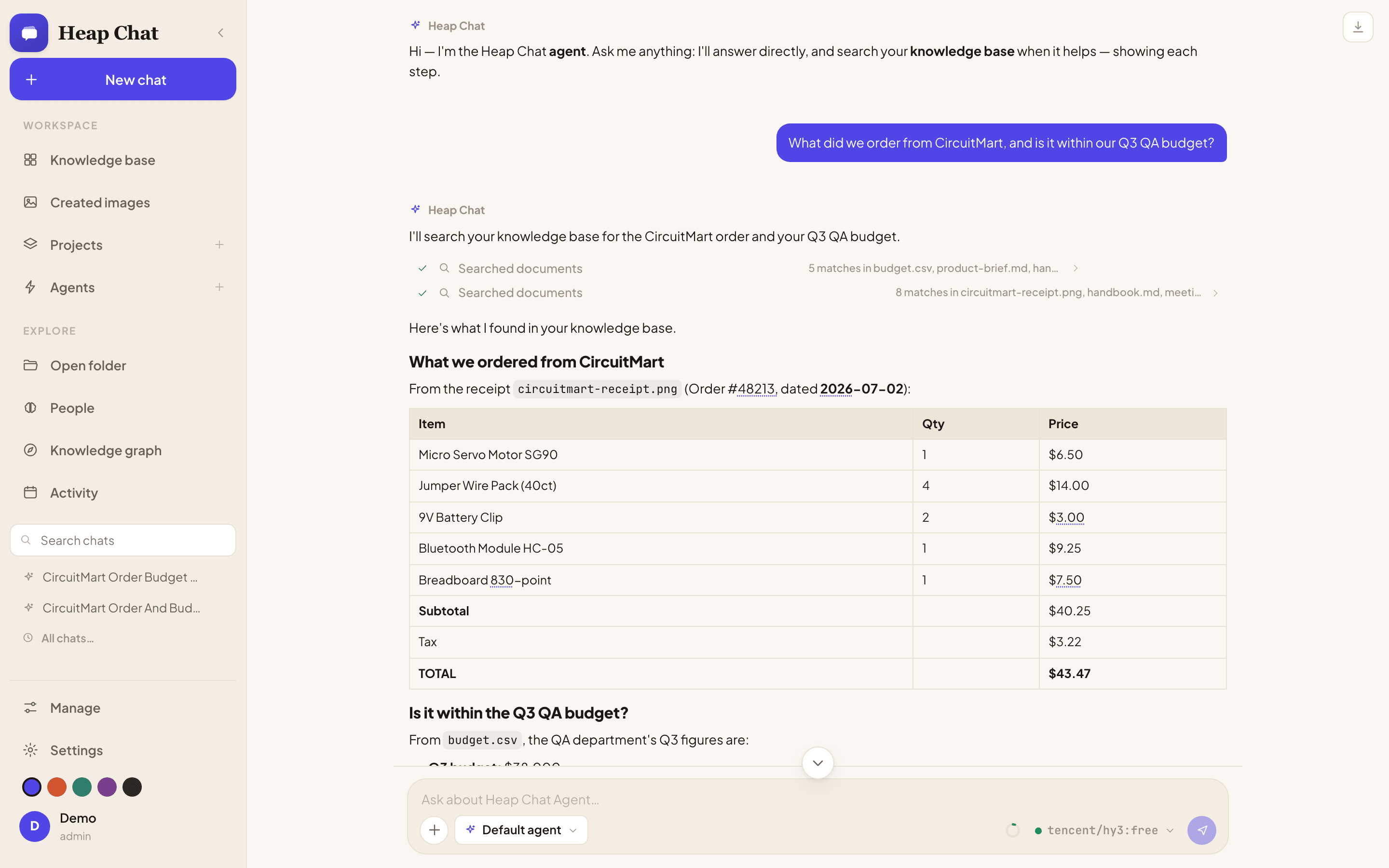 Heap Chat agent live tool-use trace — two knowledge-base searches, an itemized receipt table, and citations — while answering a question that spans a receipt photo and a budget spreadsheet