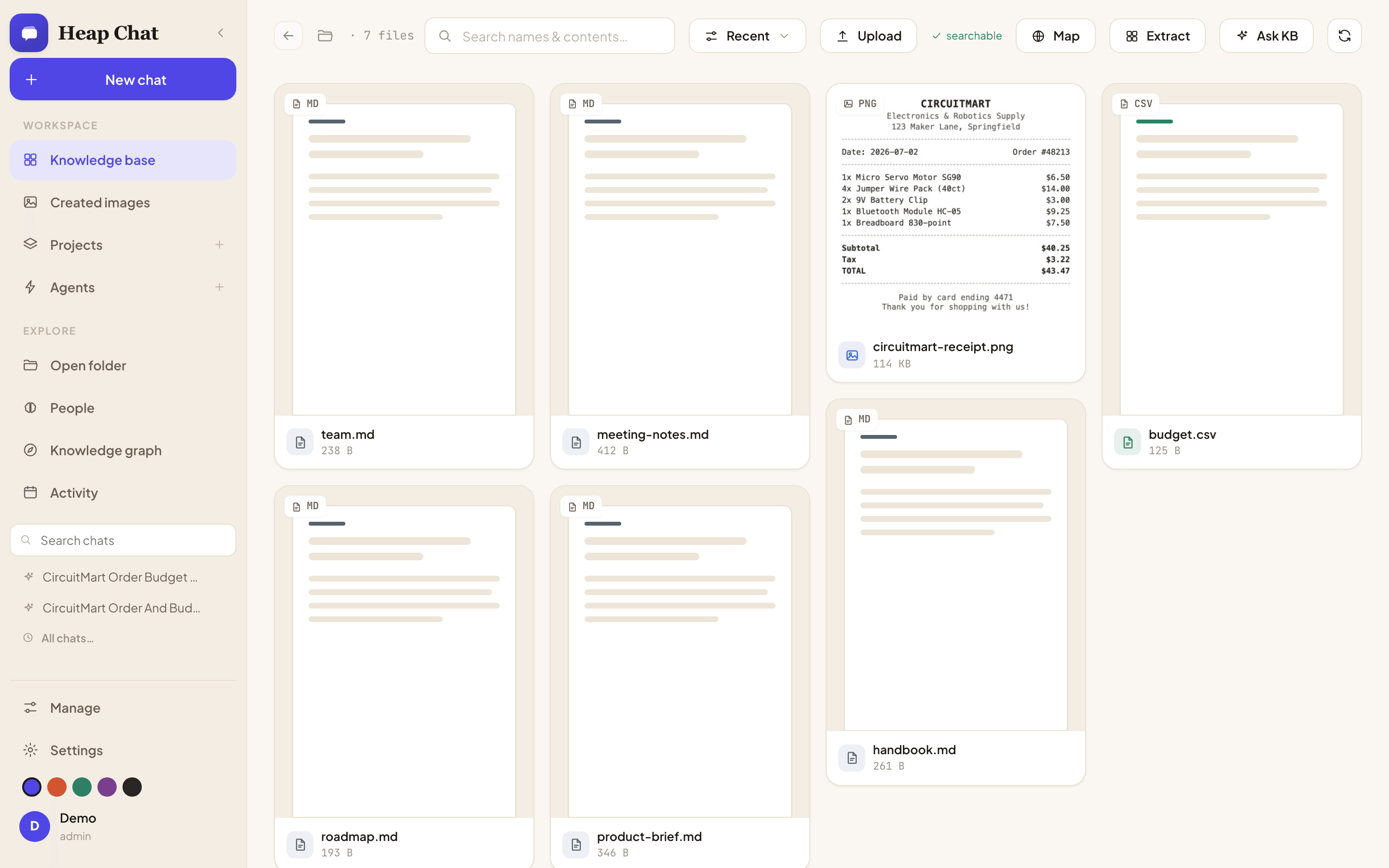 Heap Chat's masonry gallery view of an indexed knowledge base folder